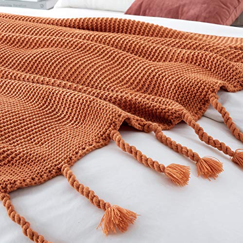 Rudong M Knitted Throw Blanket With Fringe, Rust Orange Knit Throw Blanket For Couch Bed Sofa 50" X 60" #TOP4