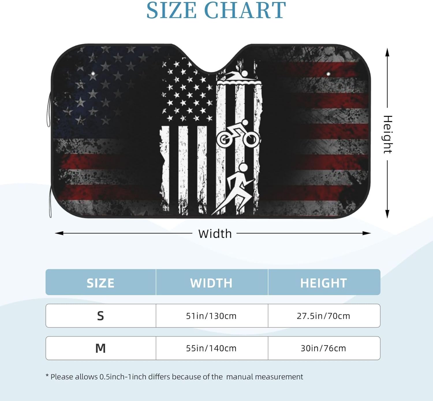 Triathlon American Flag Foldable Car Windshield Sunshade Blocks Heat and Sun Glare Uv Rays