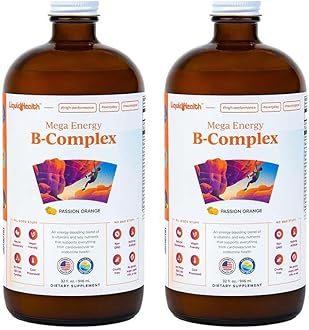 LIQUIDHEALTH Mega Energy Methylated B-Complex, Adult Liquid Vitamin Supplement - Increase Energy, Relieve Stress & Fatigue, Immune Support, Heart & Gut Health - Made in USA, Vegan, Sugar-Free (2 Pack)