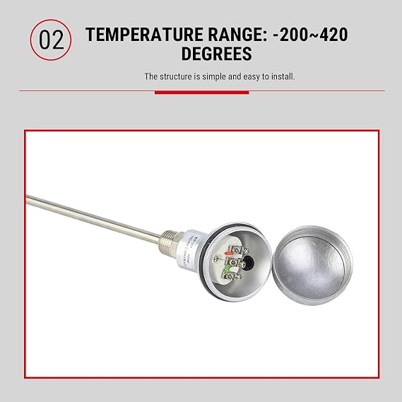 RTD PT100 Temperature Sensor Probe Stainless Steel RTD Probe with 1/2 Inch NPT Thread200 °C - 420 °C Industrial Temperature Sensor Connection Head for Heating Construction Process Control