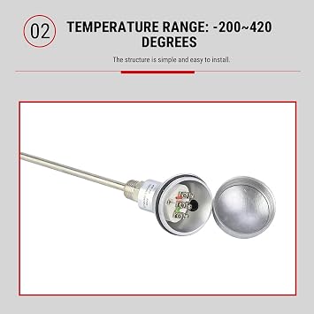 RTD PT100 Temperature Sensor Probe Stainless Steel RTD Probe with 1/2 Inch NPT Thread200 °C - 420 °C Industrial Temperature Sensor Connection Head for Heating Construction Process Control