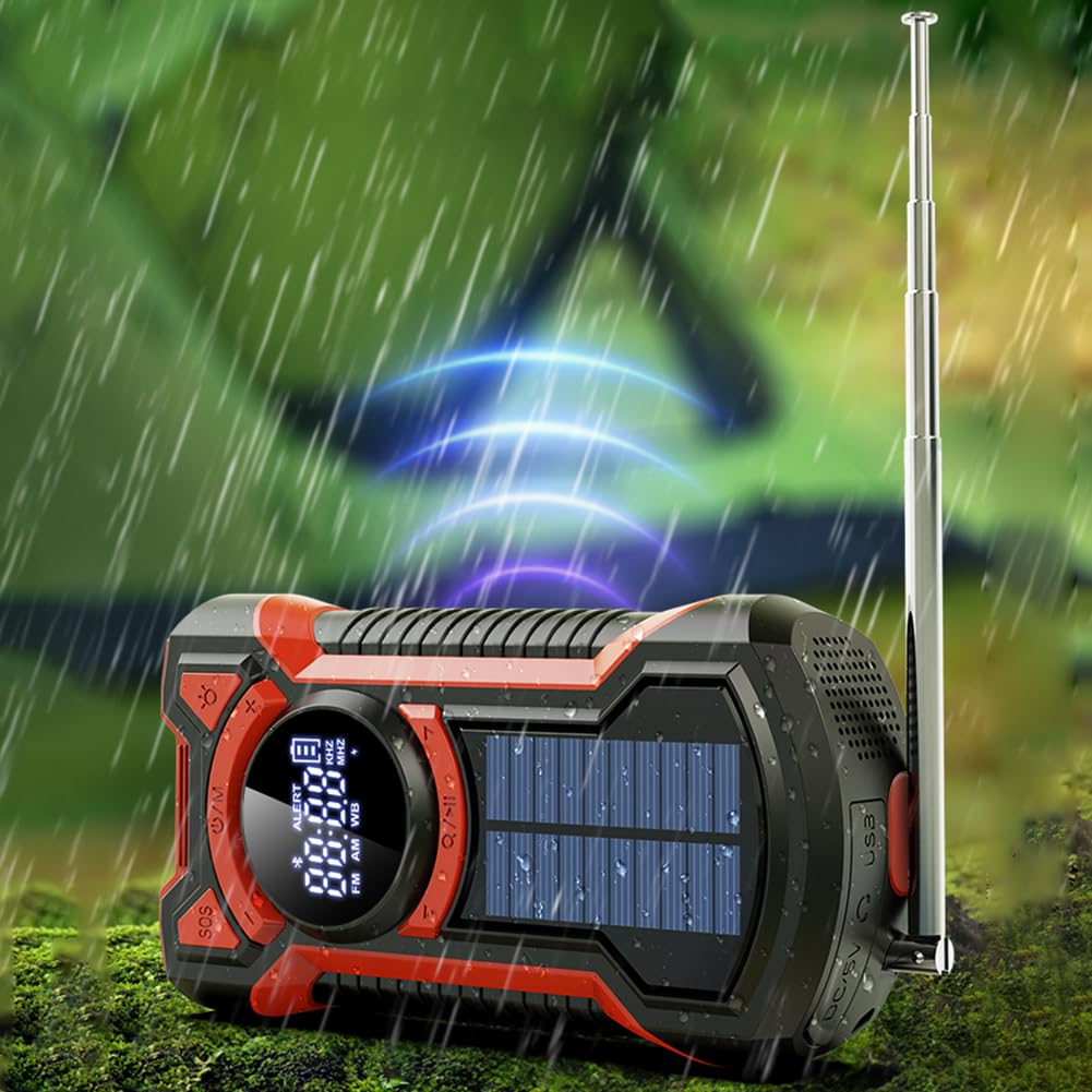 Juchrzeey Solar wielopasmowe Wodoodporne radio Wodoodporne ręczne korba przenośna awaryjna Radio 5000MAH -Compatible5.3 LED LED LED LED LIDY SOS dla przetrwania na zewnątrz (czerwony)