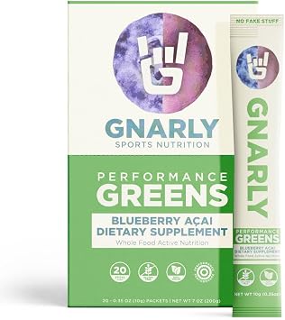 Gnarly Nutrition Greens Superfood Powder Blueberry Acai Performance Super Greens Powder NSF Sport Certified Organic, Probiotics & Essential Micronutrients - Blueberry Acai, Box of 20 Stick Pack
