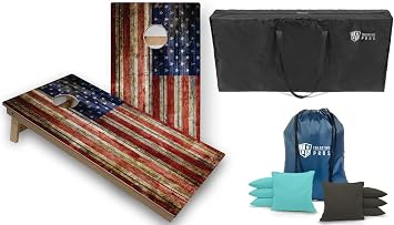 Tournament Grade Tailgating Pros American Flag Wooden Plank Design Cornhole Board Set w/Bean Bags and Carrying Case - 4x2 Corn Hole Toss Game