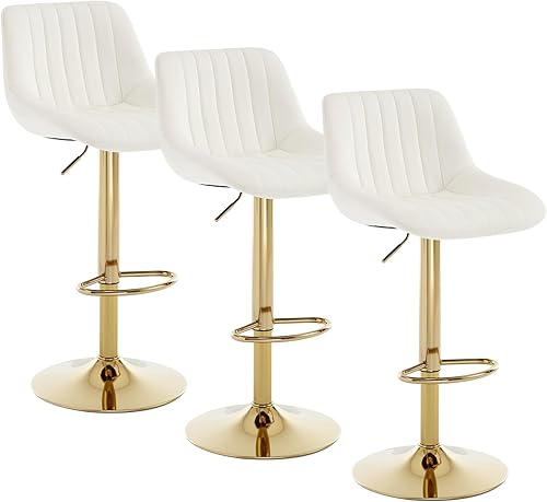 Miniatura 9 de Juego de 3 taburetes de bar ajustables de terciopelo, modernos taburetes giratorios con respaldo, base de metal dorado y reposapiés, sillas de bar