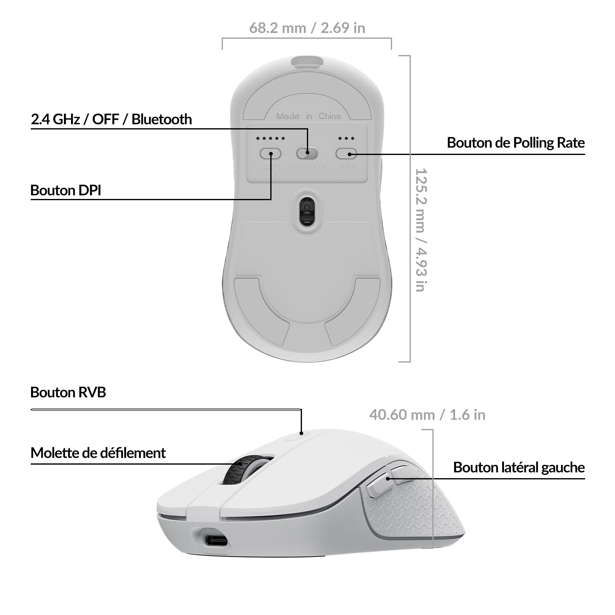 Keychron M3 Souris sans Fil Programmable, 2,4 GHz/Bluetooth 5.1/USB-C Connexion, 26 000 PPP, Capteur PAW3395, LED RVB, Durée 70 Heures, 79 g Souris Gamer pour PC, Mac, Ordinateur Portable - Blanche