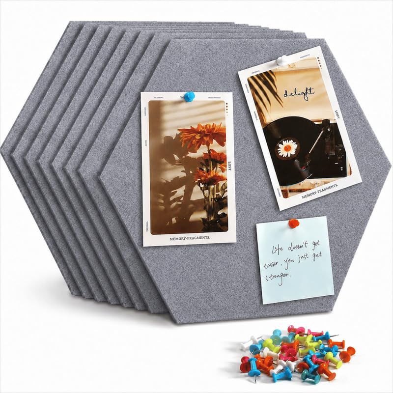 Image of Quiet Canvas Hexagon Pinboard, 1x1 ft, Pack of 8, 50 PushPins, (Grey)
