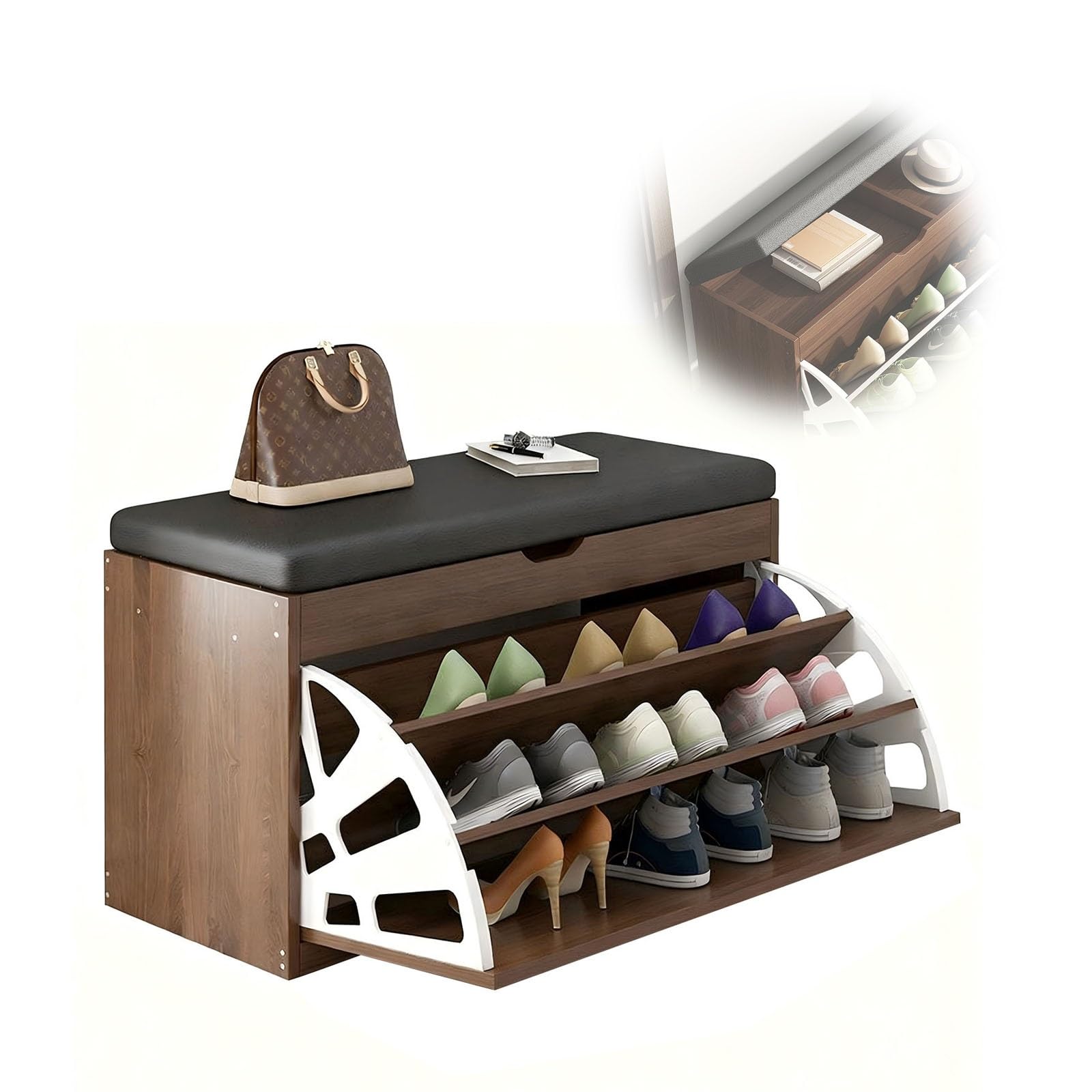 WJFTODAY Wooden Shoe Storage Bench with Cushion 3 Tier Shoe Rack with Drawer Entryway for Hallway Brown (60 cm/23.62 in)