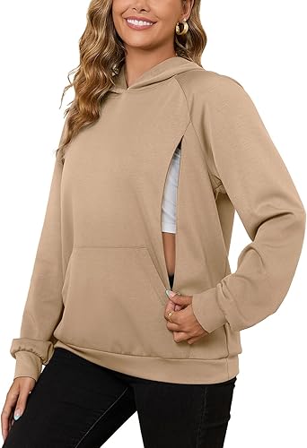 Bhome Sudadera de lactancia con capucha para lactancia materna con cremalleras ocultas, bolsillo de canguro