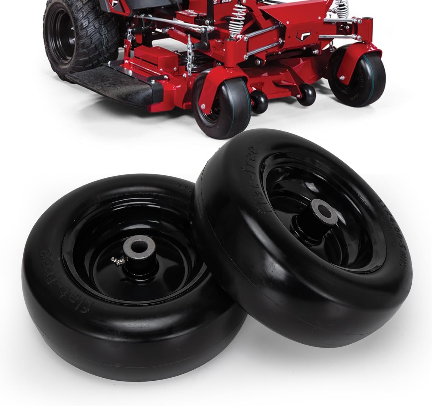 11x4.00-5 Lawn Mower Tires Flat Free and Wheel, 11x4-5 Solid Front Tires for Zero Turn Mower, 350Lbs Load, 3/4", 5/8" and 1/2" Bearings, 3.4" Hub for Residential Commercial, 2Pack Black