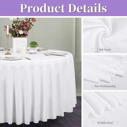 Miniatura 4 de Paquete de 6 manteles redondos blancos de poliéster de 90 pulgadas, tela lavable, resistente a las manchas y a las arrugas, para bodas, fiestas,