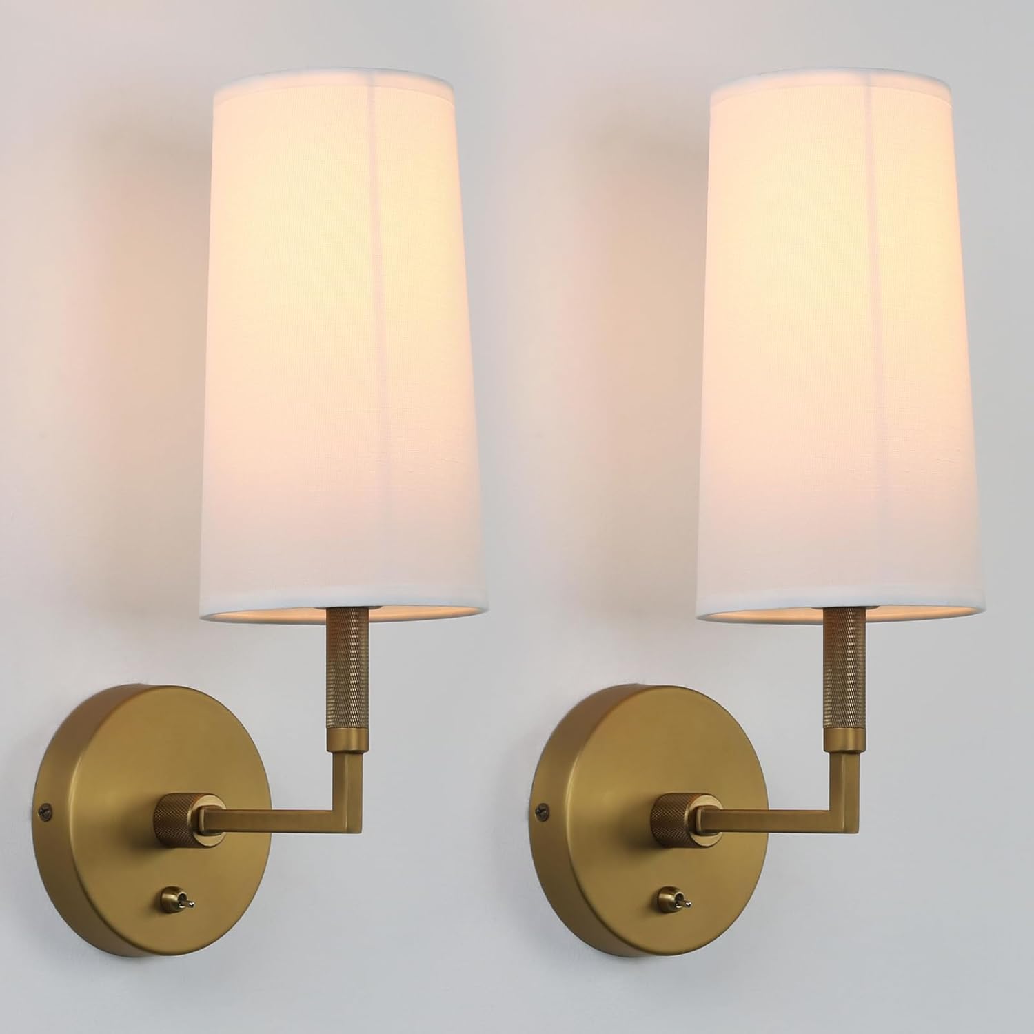 Brass Wall Sconces Set of Two, Hardwired White Fabric Shade Wall Lamps, Bathroom Vanity Lights Fixture with Switch, Indoor Wall Lights for Bedroom Living Room Corridor