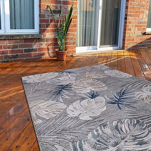 CAMILSON Indoor Outdoor Rug, Blue 6’x9’ Leaf Tropical Botanical Area Rugs for Indoor and Outdoor patios, Easy-Cleaning Non-Shedding Living Room, Garden and Kitchen Washable Outside Carpet (6x9)