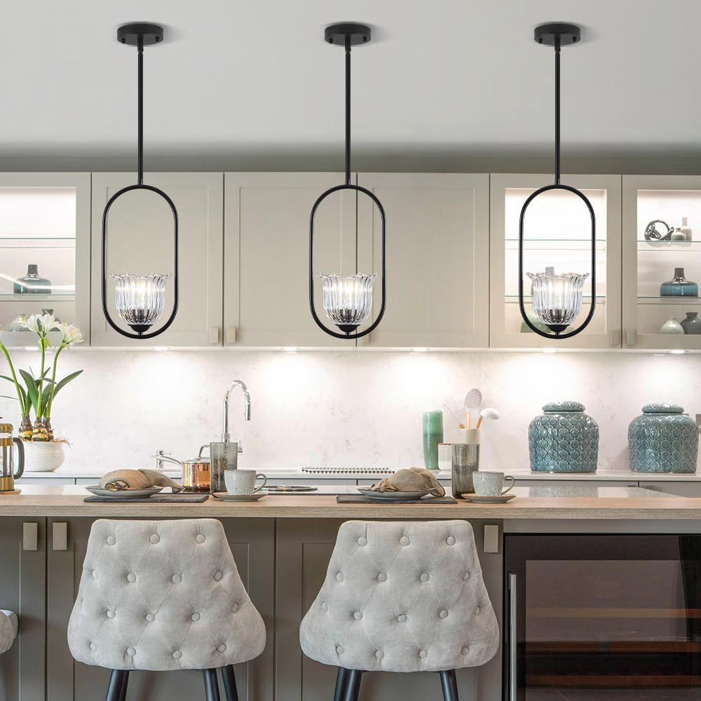 Modern Pendant Lights 1-Light, Black Pendant Light with Flower Shape Glass, Mid Century Pendant Light Fixtures for Kitchen Island Dining Room Bedroom