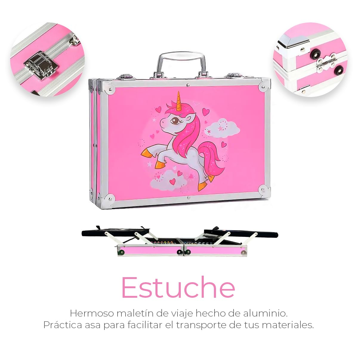 Raganet, Professional Art Set with 145 Pieces, Drawing Set with Feathers, Colors, Paints, Aquarelles and Crayolas, Painting Kit with Portable Organizer Case in Pink Briefcase Shape
