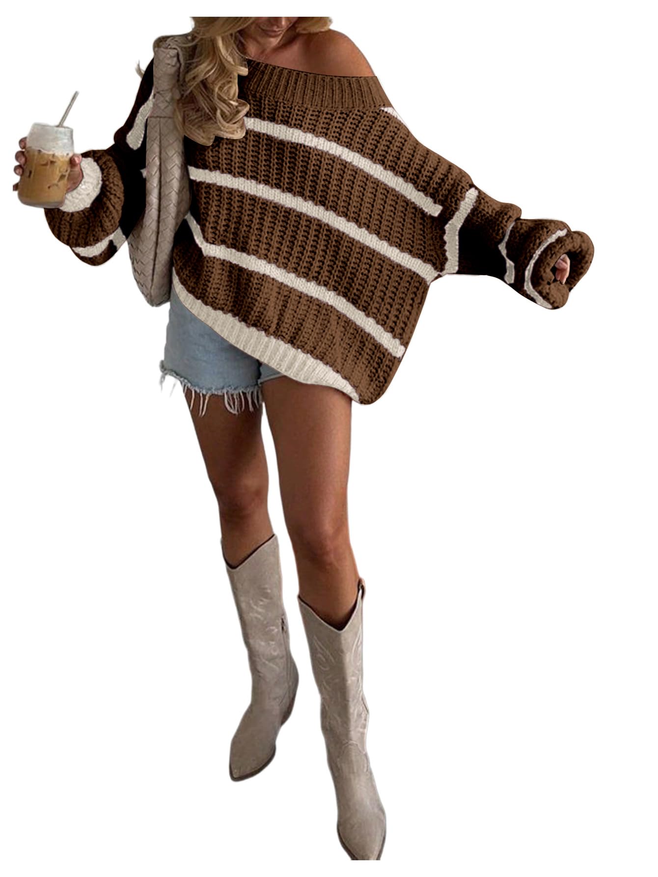 Verdusa Women s Off The Shoulder Sweater Striped Color Block Chunky Oversized Cozy Sweaters Winter Clothing