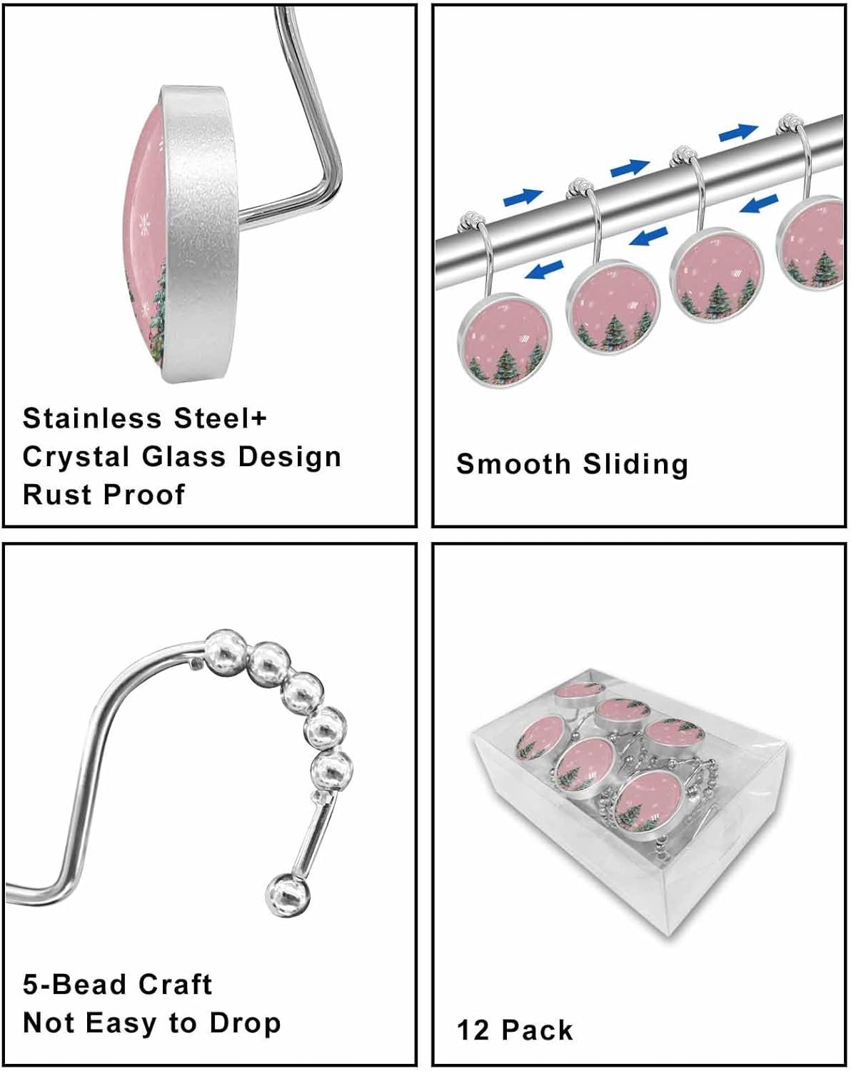 Shower Curtain Hooks 12 Pcs Christmas Xmas Tree Balls Star Snowflake Gifts Pink Stainless Steel Rust Proof Rolling Shower Curtain Rings, Decorative Shower Curtain Hooks Hangers for Bathroom