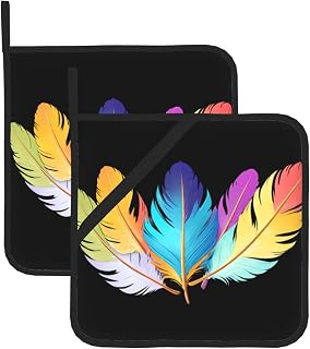 Colorful turkey feathers Printed Square pot mat two-piece set, insulated, thickened, waterproof, easy to clean