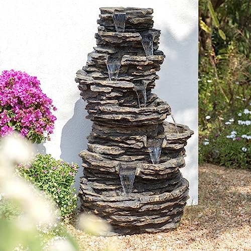 Primrose 147cm Stone Effect 8 Tier Rock Cascade Garden Water Feature with Halogen Lights Self Contained Reservoir