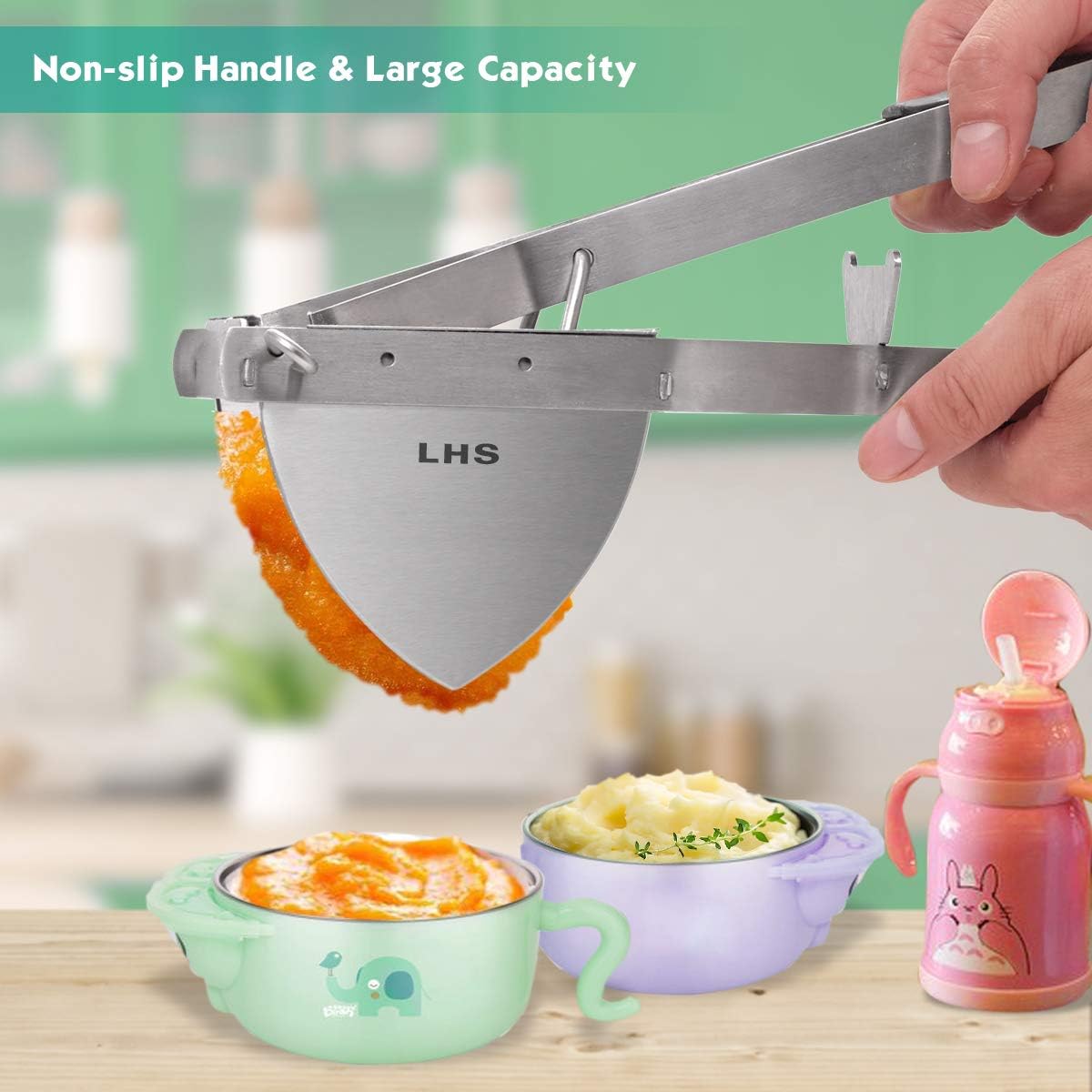 LHS Potato Ricer Mashers Manual Mashed Vegetables Fruit Press, Lemon Squeezer, Baby Food Strainer Potato Ricer 100% Stainless Steel and Premium Silicone Handle 11.4x3.1x6.5 In