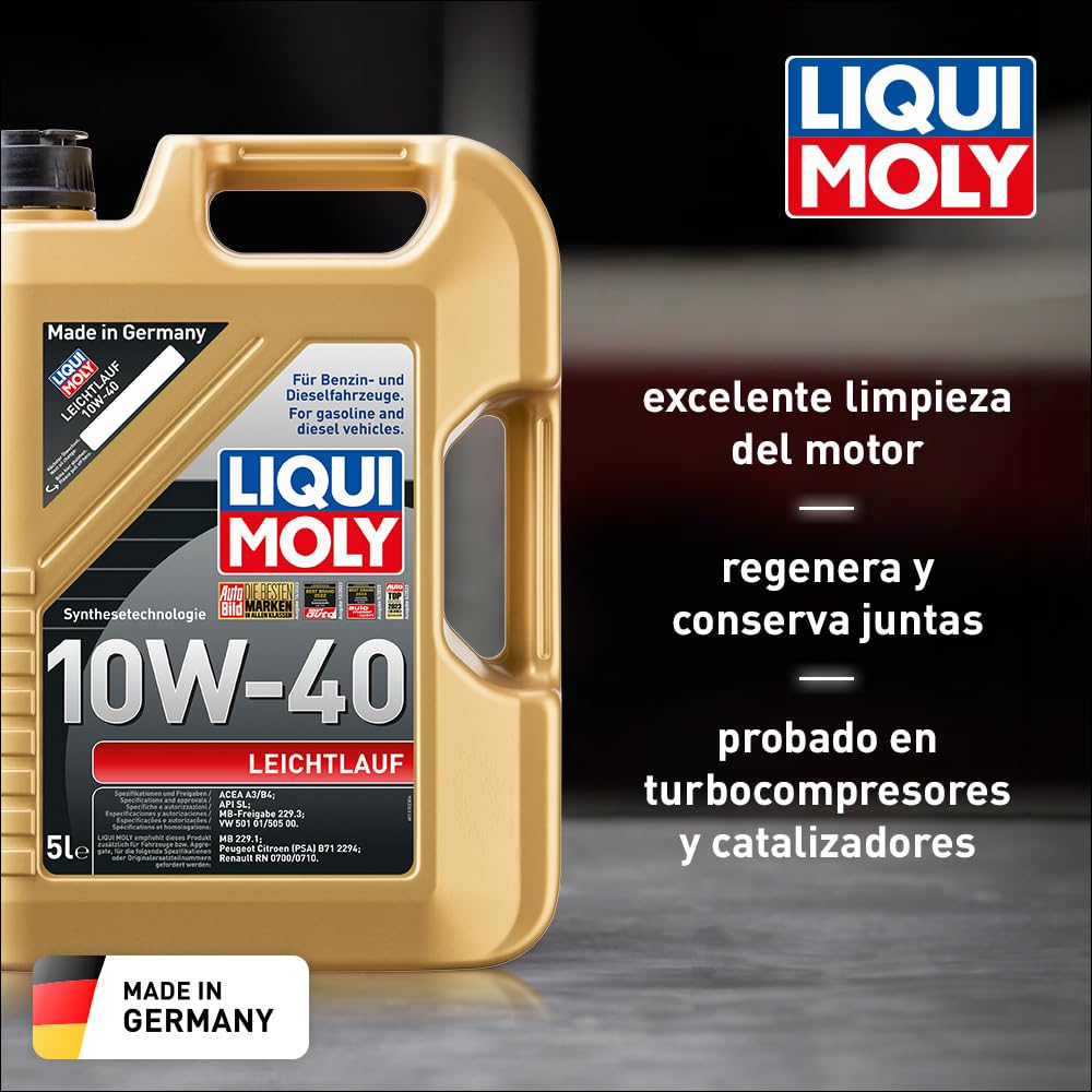 LIQUI MOLY Aceite de motor 10W-40 Leichtlauf aceite parcialmente sintético ACEA A3/B4 API SP 5L Compatible con PEUGEOT 208 I Hatchback CA, CC, TOYOTA AYGO WNB1, KGB1, NISSAN Qashqai II J11, J11, KIA