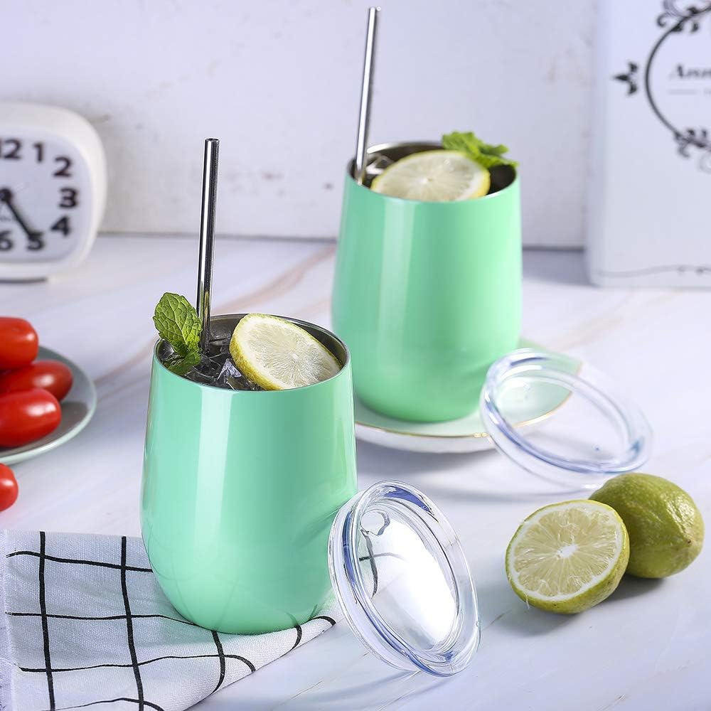 2 Pack 12 oz Wine Tumbler with Lids, Double Wall Vacuum Insulated Stainless Steel Stemless Wine Glass, Travel Coffee Mug Cup for Wine, Drinks, Champagne, Cocktails (Include Straws & Brush) (F)