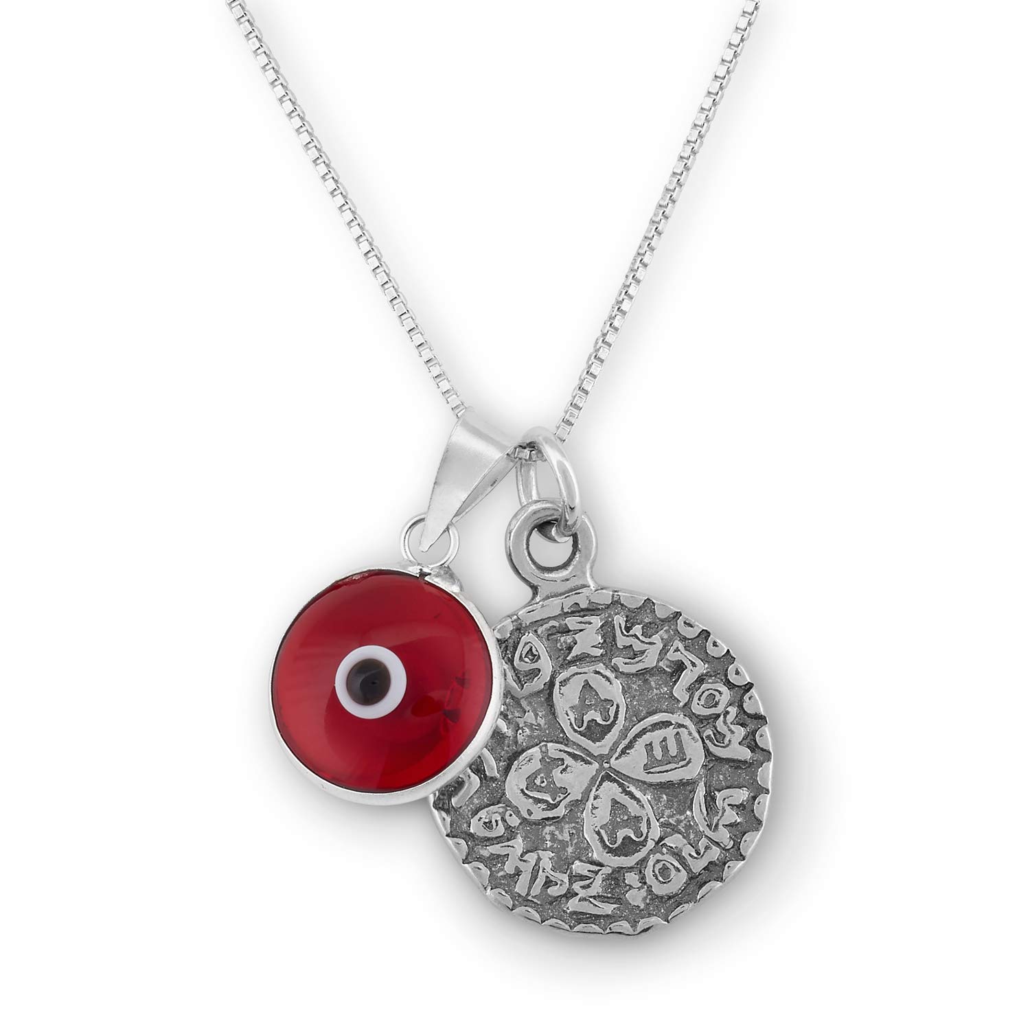 MIZZE Made for LuckSterling Silver Coin Amulet for Love with Red Evil Eye Charm for Protection on Sterling Silver 50 CM Box Chain Necklace for Men and Women