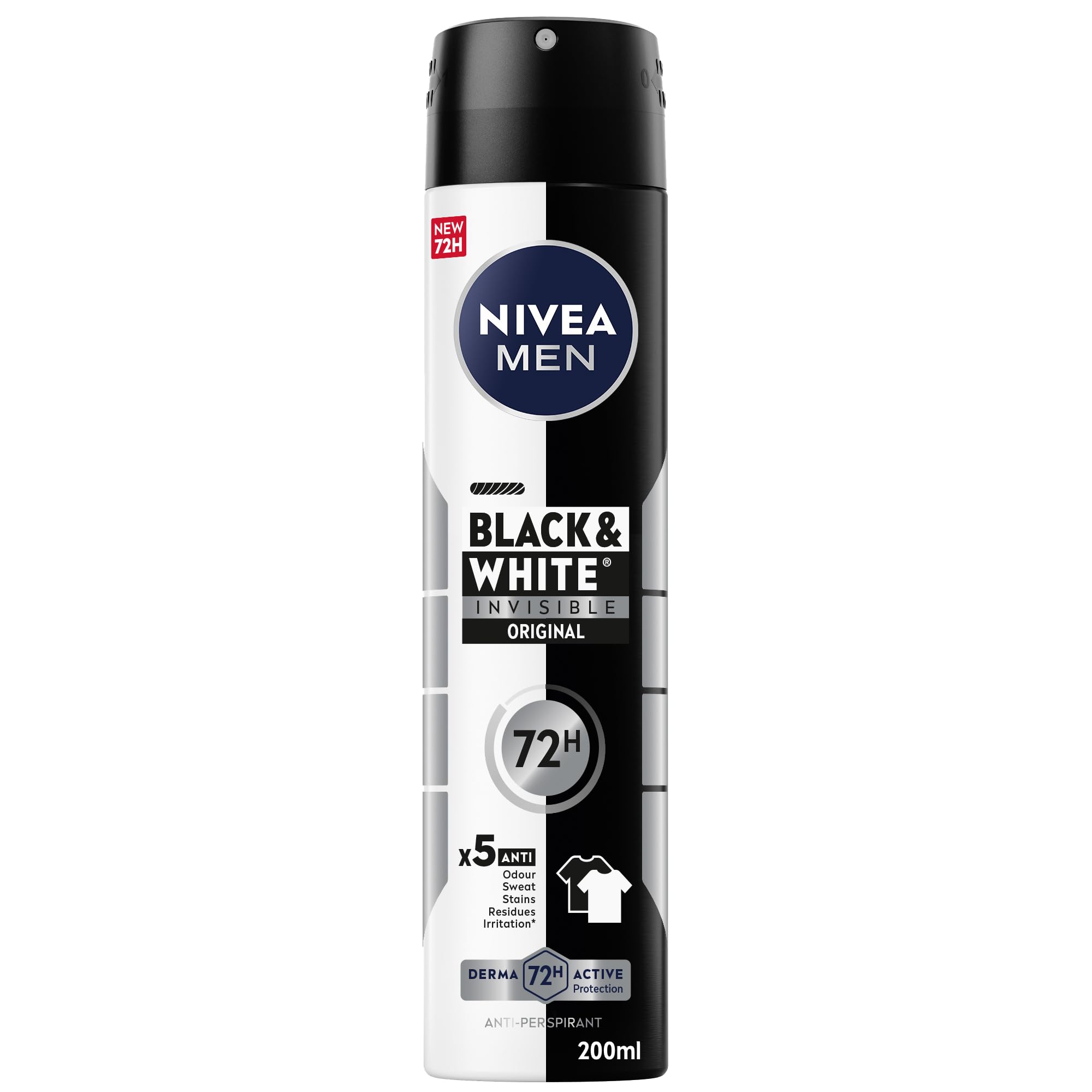 NIVEA MEN Black & White Invisible Antiperspirant Deodorant Spray, Original, 72H Active Protection, 5IN1, Anti-Odour, Sweat, Stains, Residues & Irritation, 200ml