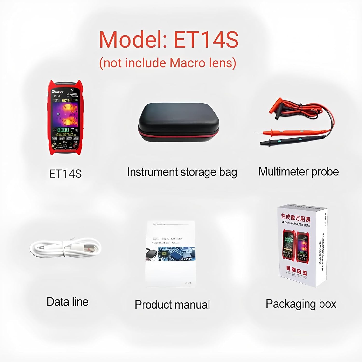 Contents of the TOOLTOP ET14S package including the device, case, probes, cable, and manual