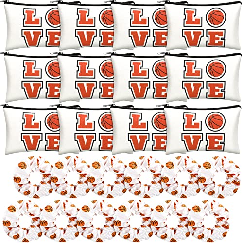 24 Basketball Stuff Set Cosmetic Bags Sport Makeup Bags Pencil Case Portable Storage Case Satin Sport Hair Scrunchies Elastic Hair Bands Basketball Gifts Basketball Accessories For Girl (White) #TOP30
