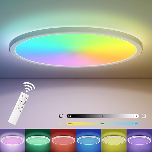 Matane LED Ceiling Light RGB Dimmable with Remote Control, 12 Inch 24W Flush Ceiling Light Panel with Backlight, 3000K-6500K 2400LM for Living Room, Bedroom, Kitchen, Hall Indoor Round