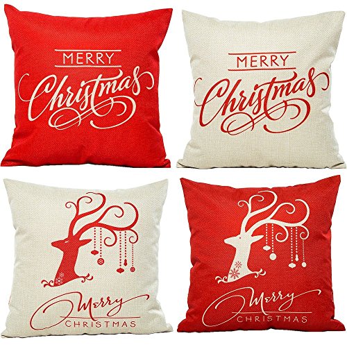 HOSL PSD12 Merry Christmas Cotton Linen Square Decorative Throw Pillow Case Cushion Cover (Set of 4)