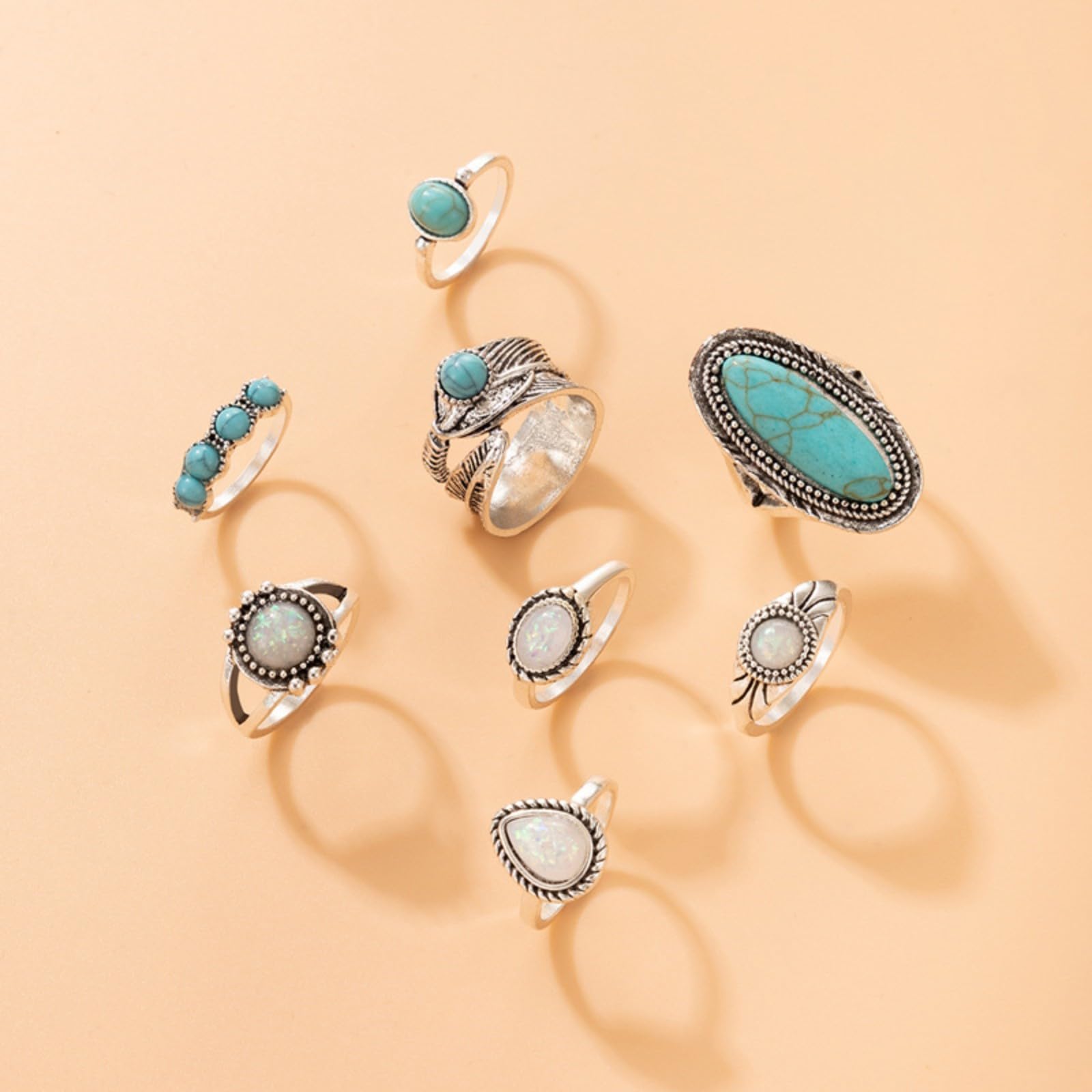 Juego de 8 anillos bohemios para nudillos para mujer, anillo de dedo turquesa ovalado vintage, ópalo, piedras preciosas, lágrima, midi, paquete de anillos punk, hoja punk, joyería diaria 7