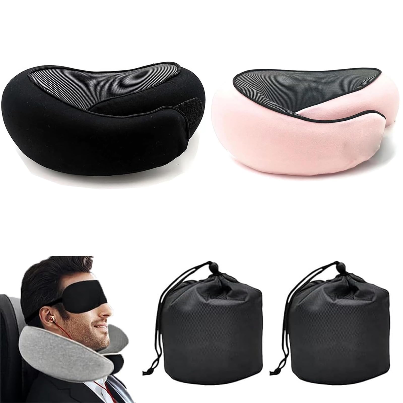 Generic Wander Plus Travel Pillow,Wander Plus Neck Pillow,Memory Foam Travel Pillow 2024 New Travel Pillow Suitable for Airplanes,Offices and Cars 2PC（Pink+Black）