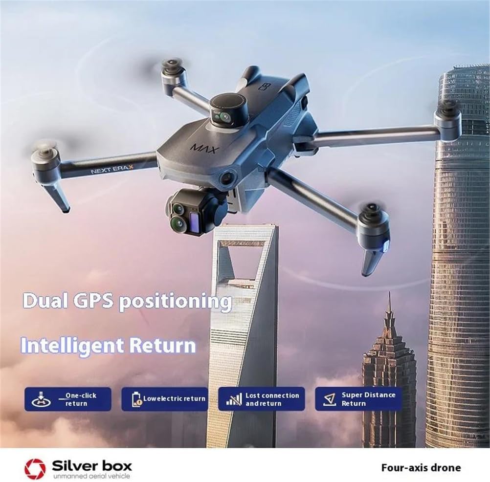 FinOti P7 Max drone showcasing Dual GPS positioning and Intelligent Return features with icons for one-click return, low electric return, lost connection, and super distance return.