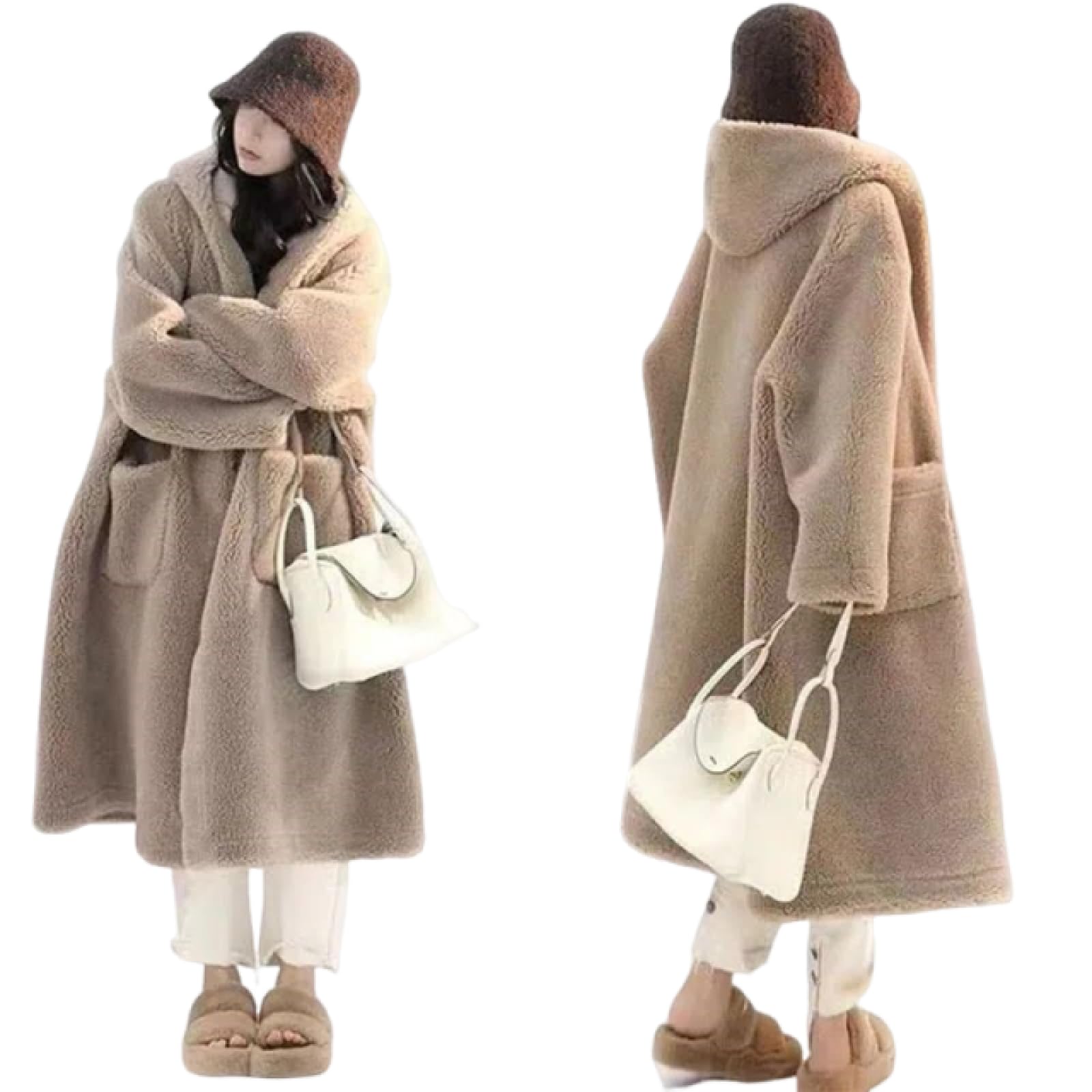 [ABYSTTI] 秋と冬 厚手ミンクファーコート 毛皮コート ファーコートレディース 模造ラムウールラペルフード付き防寒防風 暖かい