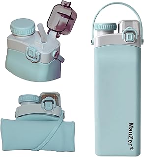 Mauzer® Faltbare Trinkflasche mit Strohhalm - Auslaufsicher, 600ml Wasserflasche aus Silikon, BPA frei - Ideal für Kinder, Sport, Reisen, Camping, oder Festival (Blau)