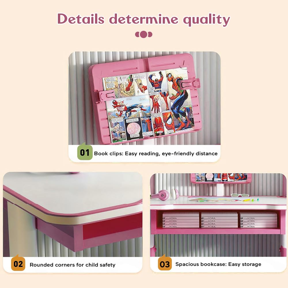 StarAndDaisy Kids Functional Desk and Chair Set, Height Adjustable Children School Study Table with, Bookholder Slot, LED Lamp, Storage for Boys Girls 4-12 Years. (K80-Pink+) - Image 7 thumbnail