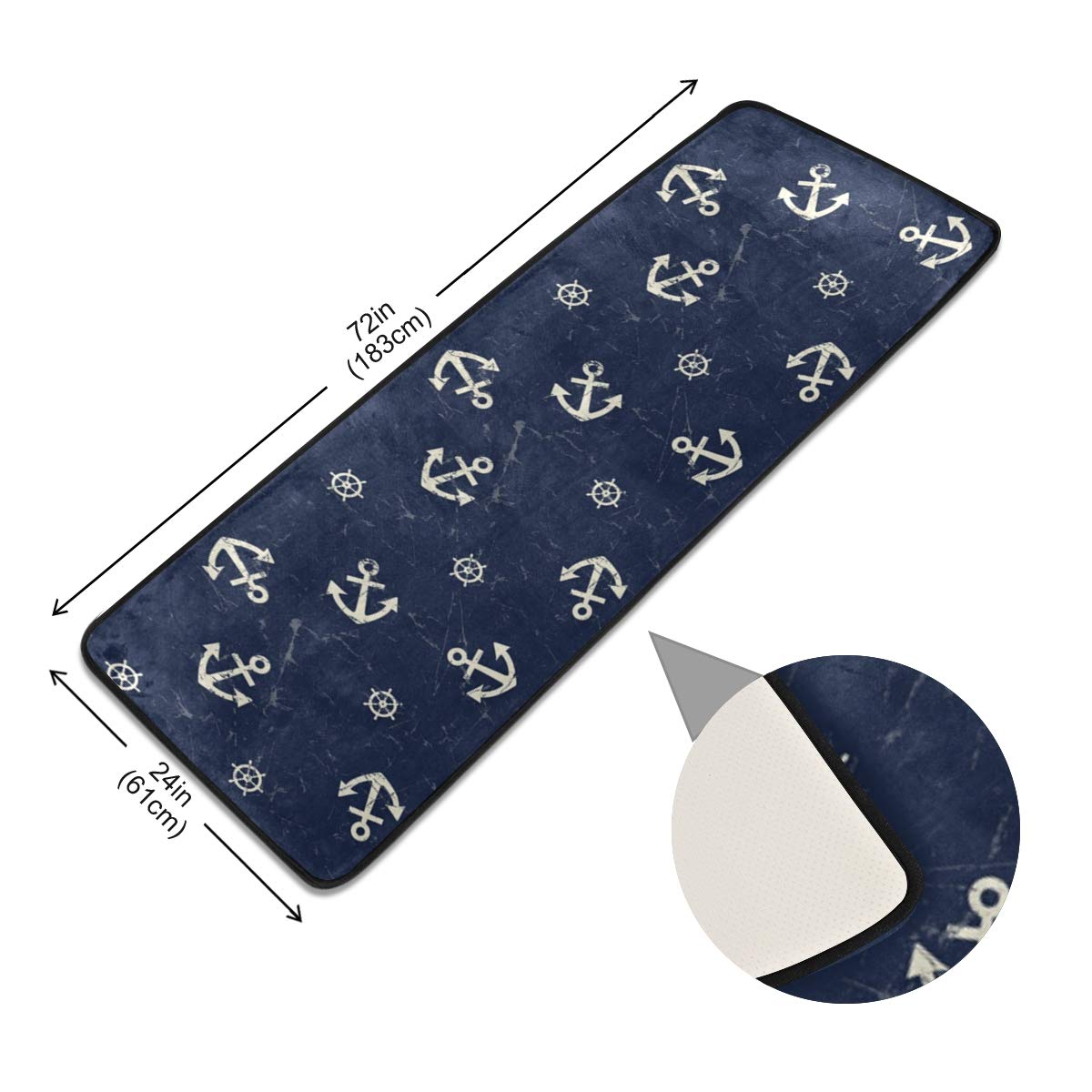 ALAZA Vintage Navy Anchor and Steering Wheel Runner Area Rug Non Slip Floor Mat for Hallway Entryway Living Room Bedroom Dorm Home Decor 72x24 inches
