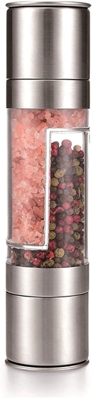 Pepper Mill and Salt Grinders Shaker Set Stainless Steel Salt Pepper Grinder Mill 2 in 1 Manual Mill Shakers Refillable with Dual Adjustable Coarseness and Clear Acrylic Body Easy to Use Fill