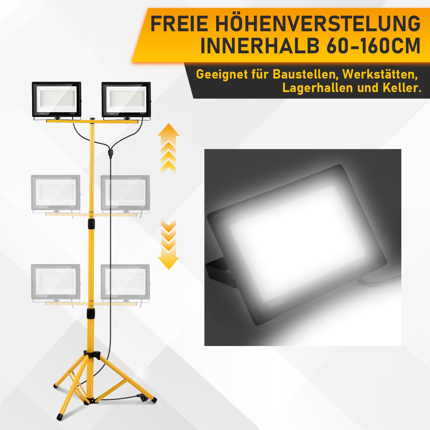 4x100W Baustrahler LED mit Stativ IP66 LED Baustrahler Höhenverstellbar & Drehbar Baustellenlampe mit 3m Kabel Stecker,Baulampe wartungsfrei für Baustelle,Werkstatt,Garten