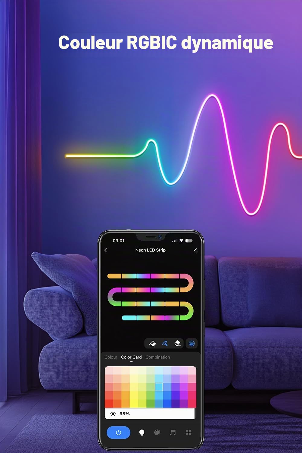 Nixtrve Bande LED néon RVB IC 3 m, avec contrôle par application, design DIY Shape, fonctionne avec Alexa, contrôle de segment, synchronisation de musique, LED néon pour salon, chambre à coucher