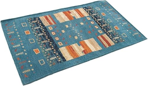 玄関マット 室内 洗える ラグ ギャベ柄 北欧 おしゃれ 約 60 × 90 cm ギャベ ブルー シェニール織 滑り止め マット 9mat (KYU)