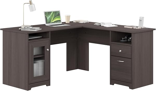 Bush Home Cabot 60W L Shaped Computer Desk with Storage in Heather Gray, 60-inch Corner Table with Drawers for Home Office Workspace