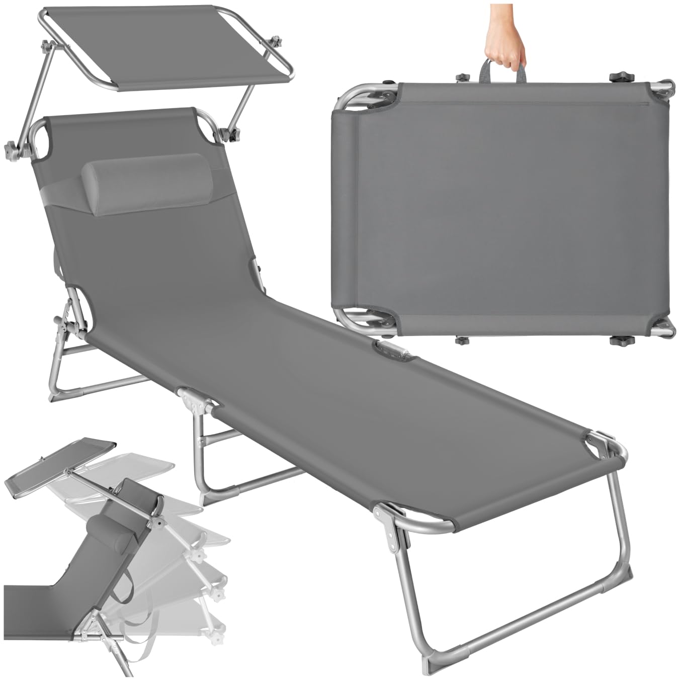 tectake® Lettino, Sedia a Sdraio con Parasole, Schienale Regolabile in 4 Posizioni, Rivestimento Resistente, Giardino, Spiaggia, Lettino da Sole, Lettino pieghevole - Grigio