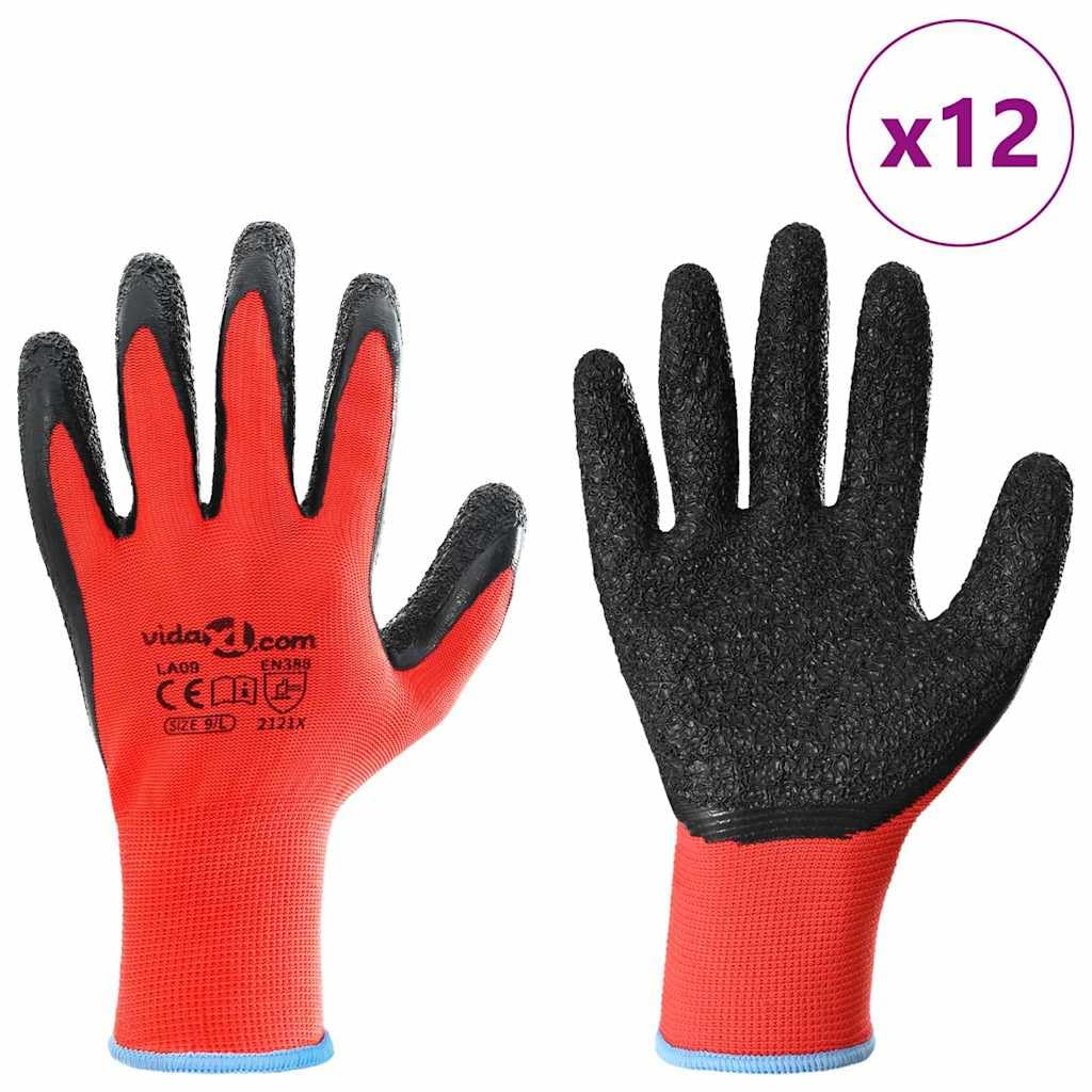 Arbeitshandschuhe 12 Stück rot schwarz Größe 9 mitLatexbeschichtung rutschfest, robust, atmungsaktiv für Garten, Heimwerker, Werkstatt, Industrie, Montage, Handwerk, Logistik, vielseitig