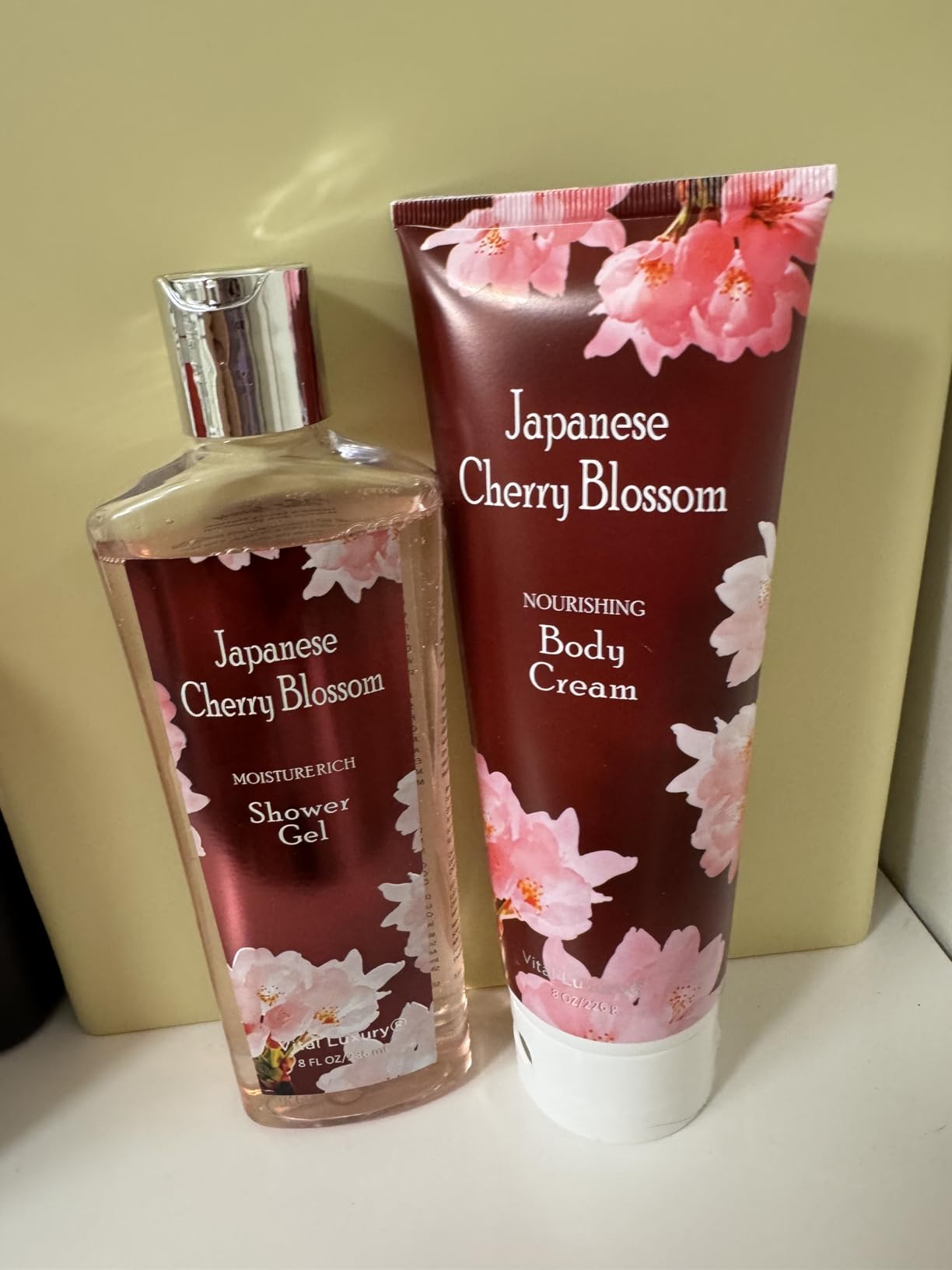 Vital Luxury Japanese Cherry Blossom Bath and Body Shower Gel and Body Cream Set - Nourishing and Moisturizing Daily Skincare - 8 fl.oz / 236mL Each (2-Piece Bundle)