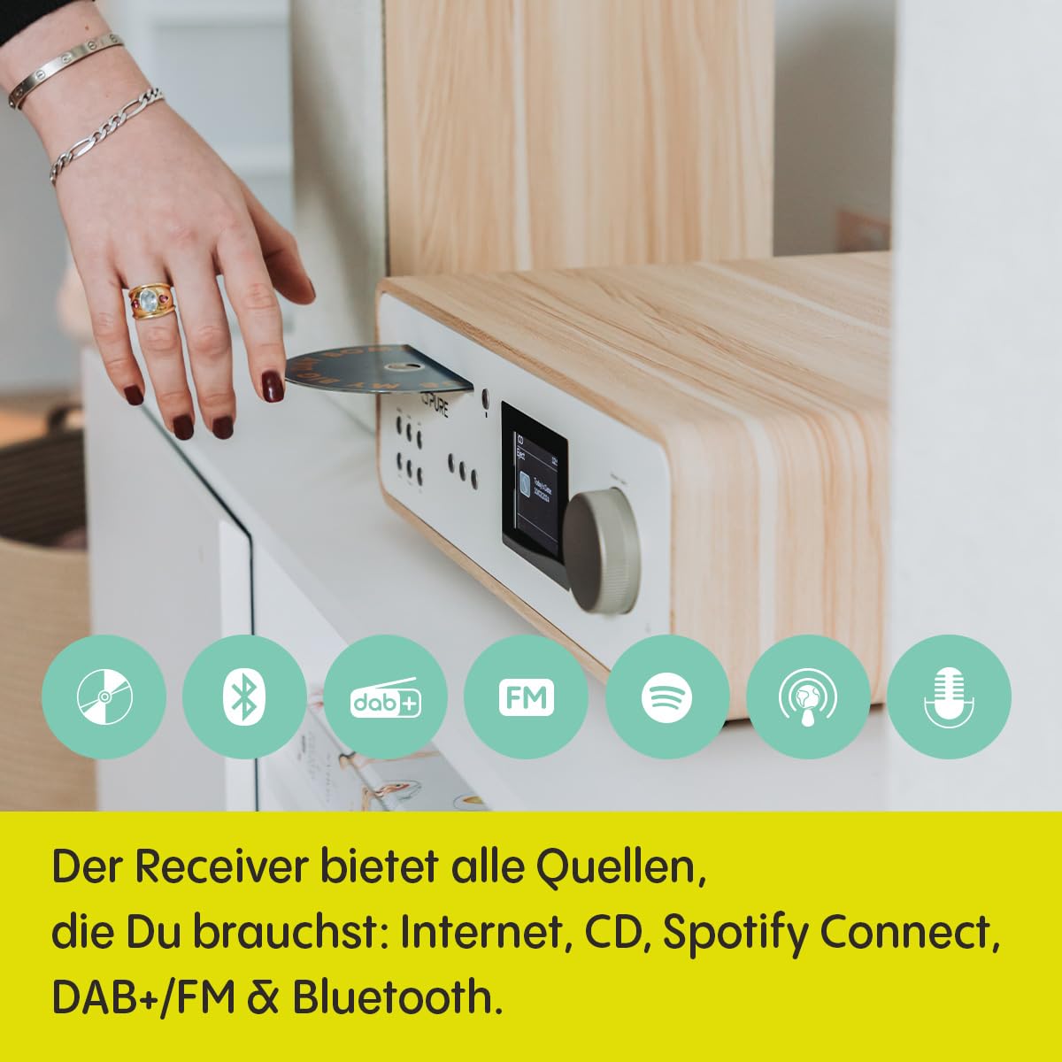 Pure Classic Stereo HiFi Music System, Kompaktanlage (100W Sound, Internet Radio, DAB+/FM, Bluetooth, CD Player, USB and Spotify Connect) Cotton White/Oak