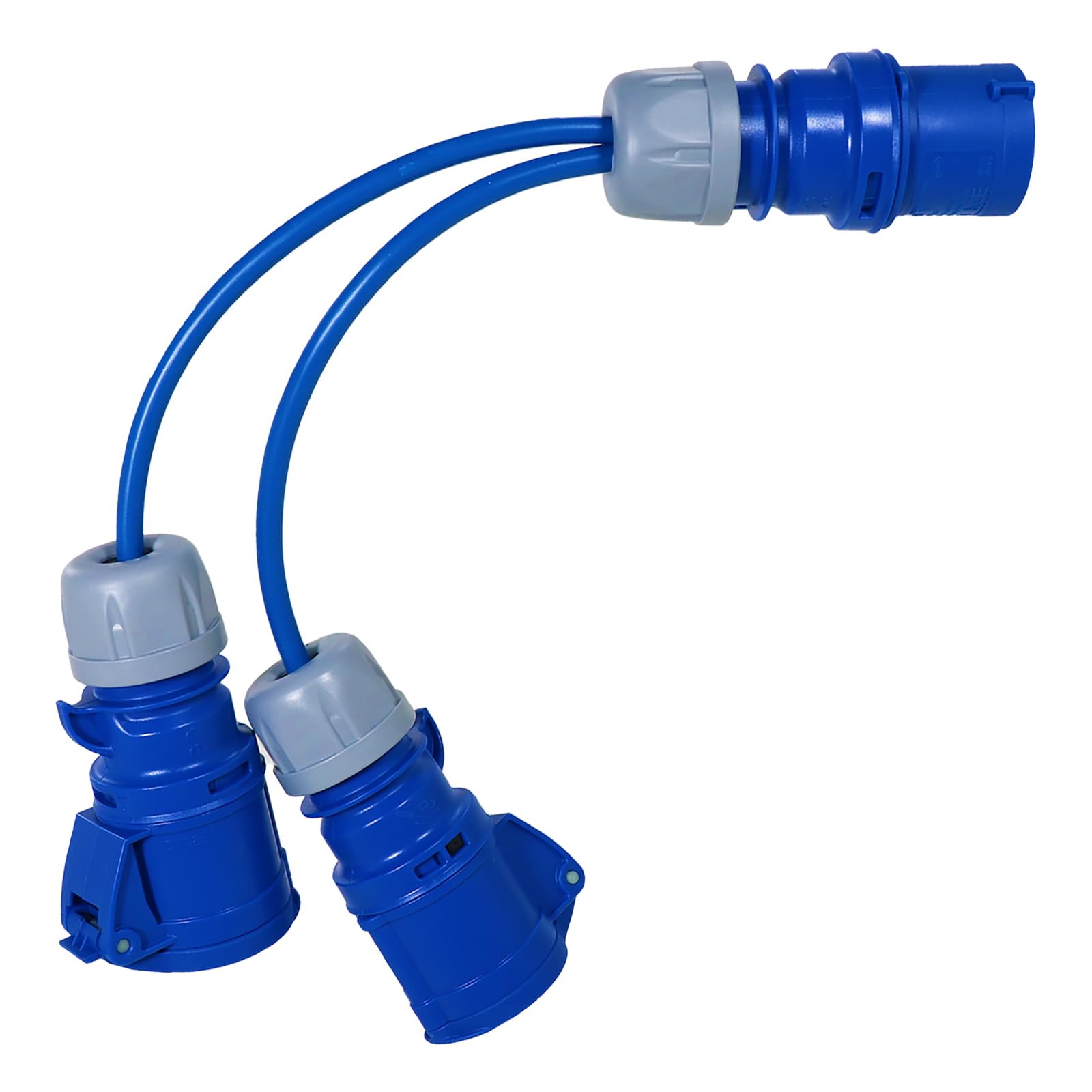 SPARES2GO Câble répartiteur 16 A 240 V pour Caravane, Camping-Car, raccordement bidirectionnel, pièce en Y, 2 Prises 16 A (Bleu)