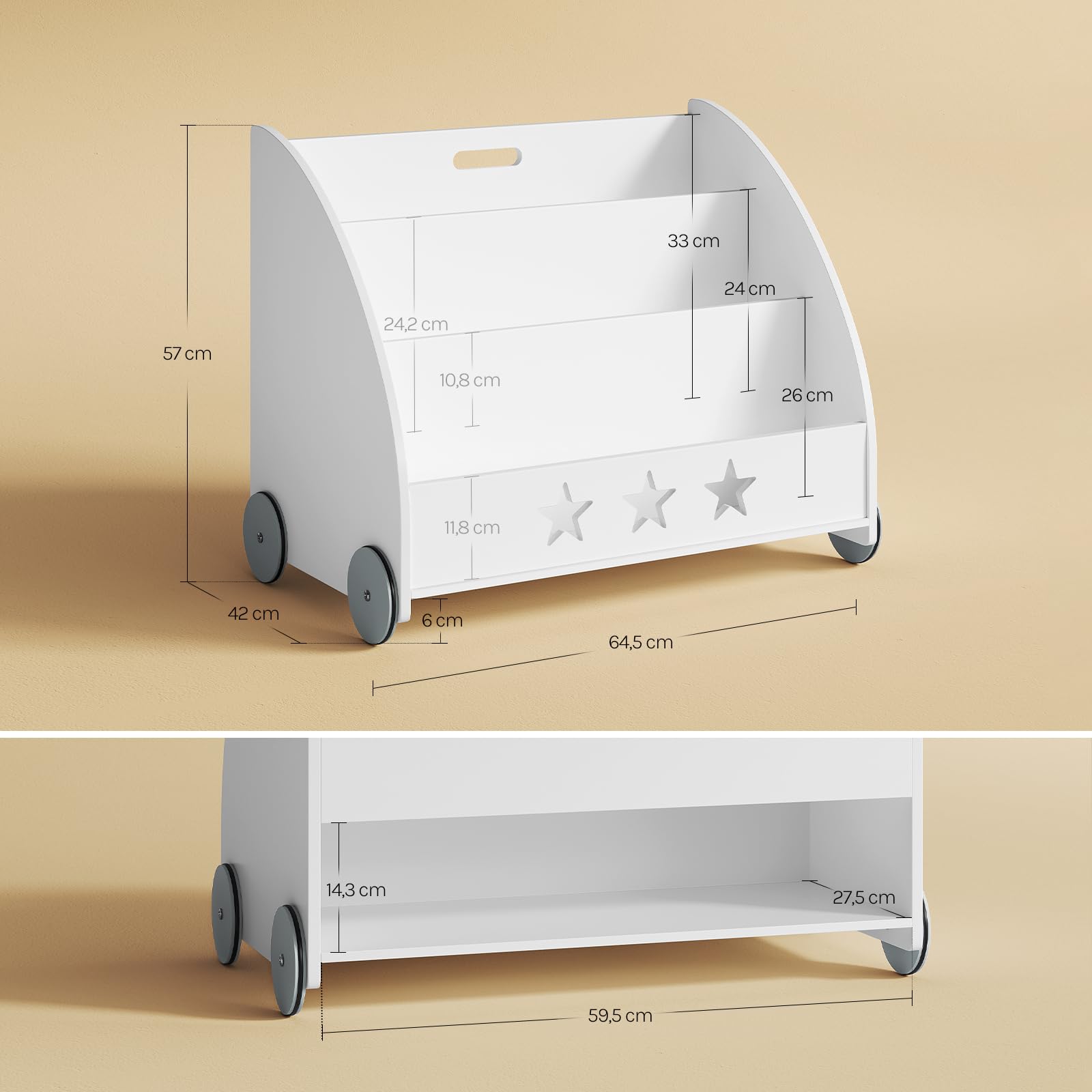 WOLTU Bibliothèque pour Enfants en Bois, Étagère à 3 Niveaux | pour Livres, avec Roues pour Chambre d'enfant, Blanc